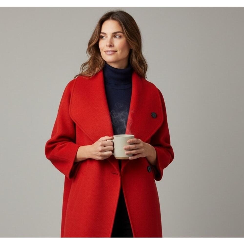 Merle Chicago Vintage 100% Wool Red Wrap Coat XL Women Draped Waterfall Collar - Picture 2 of 14
